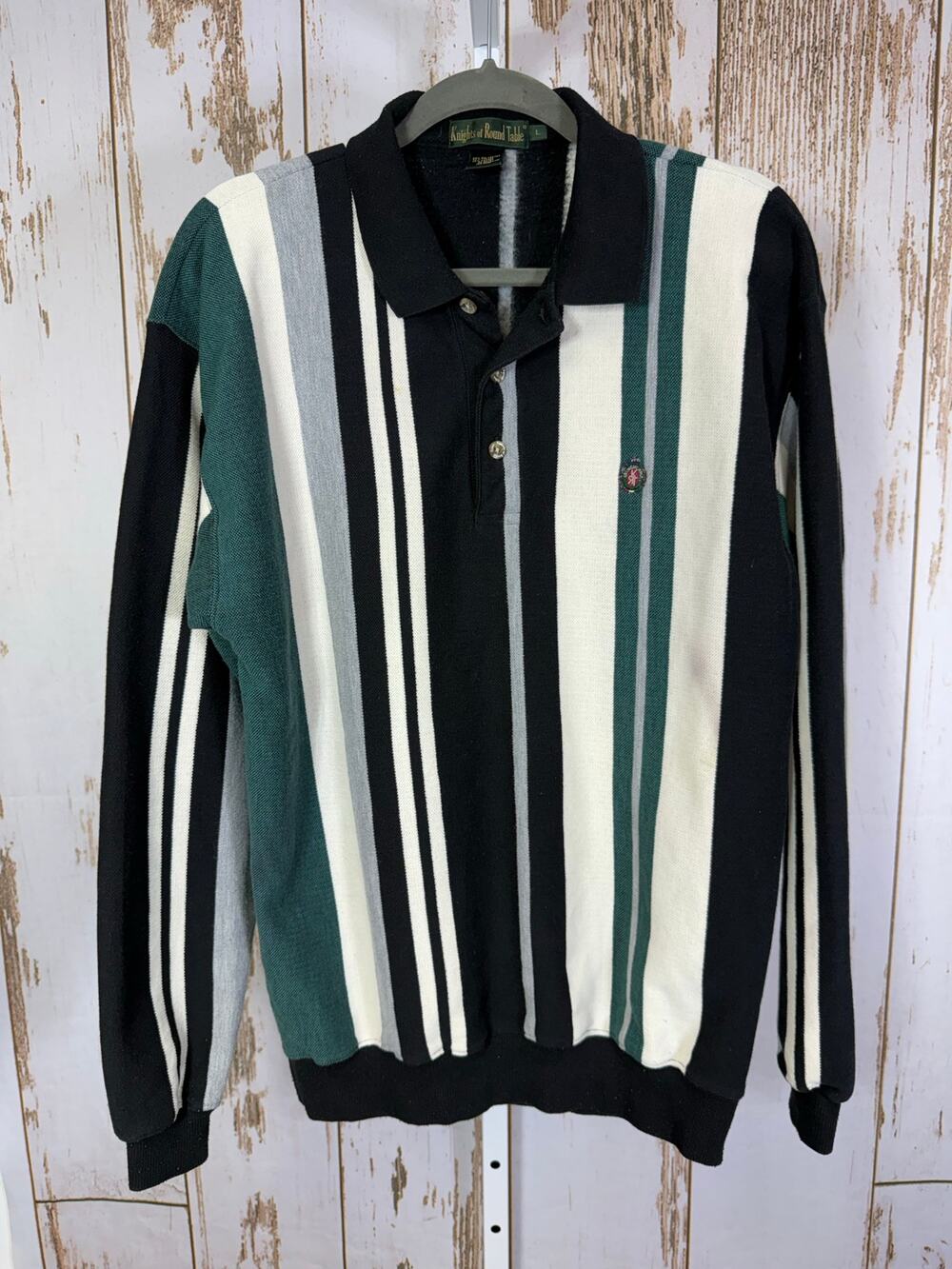 Vintage, Knights of Round Table Striped Long Sleeve Polo Shirt. Size Large.